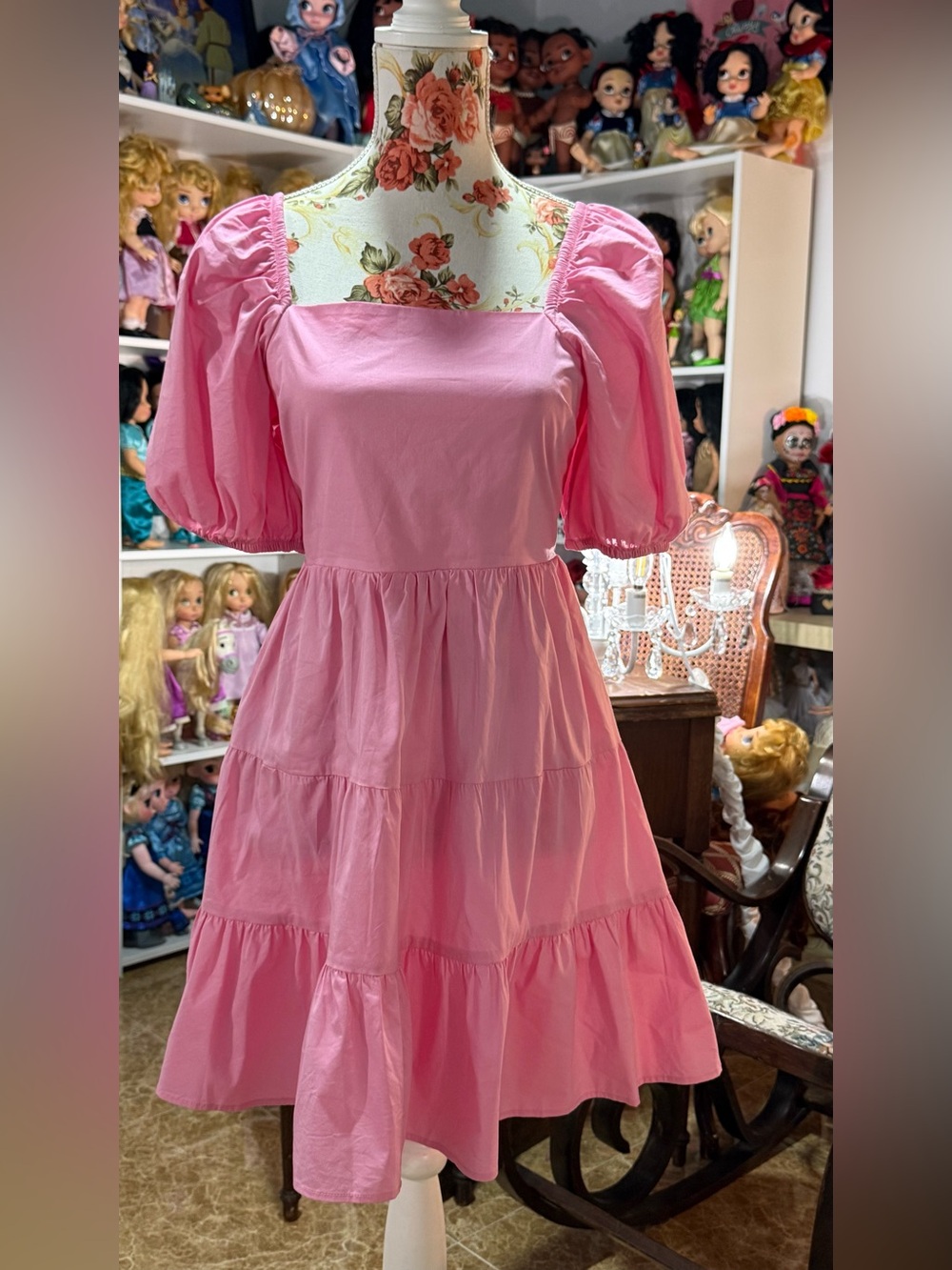 Express Pink Puff Sleeve Tiered Mini Dress